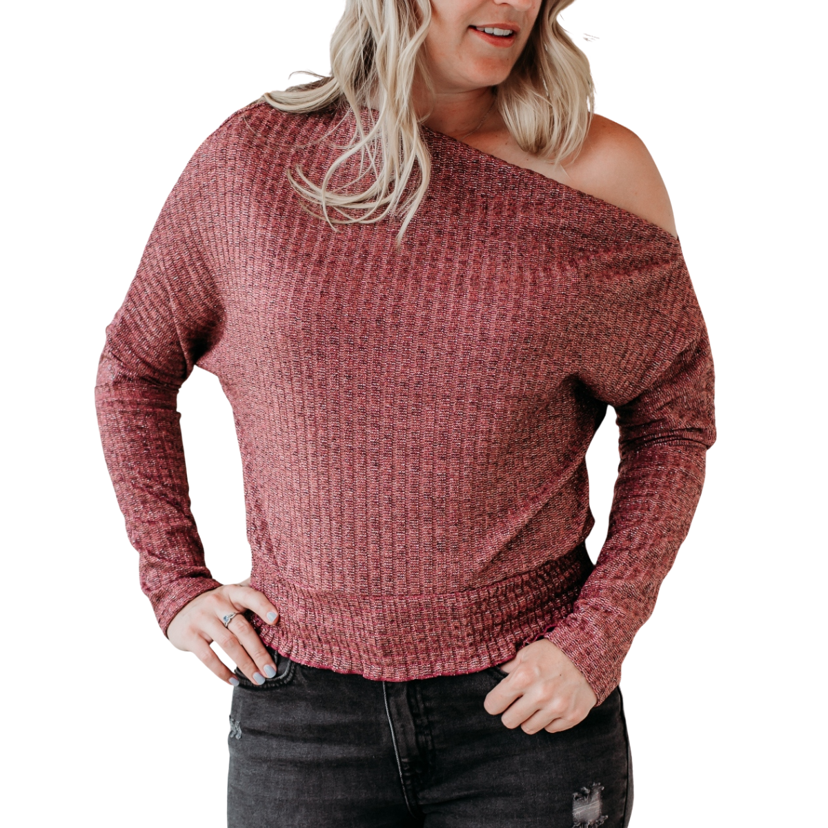 woman wearing mauve shimmer off-the-shoulder top with long sleeves