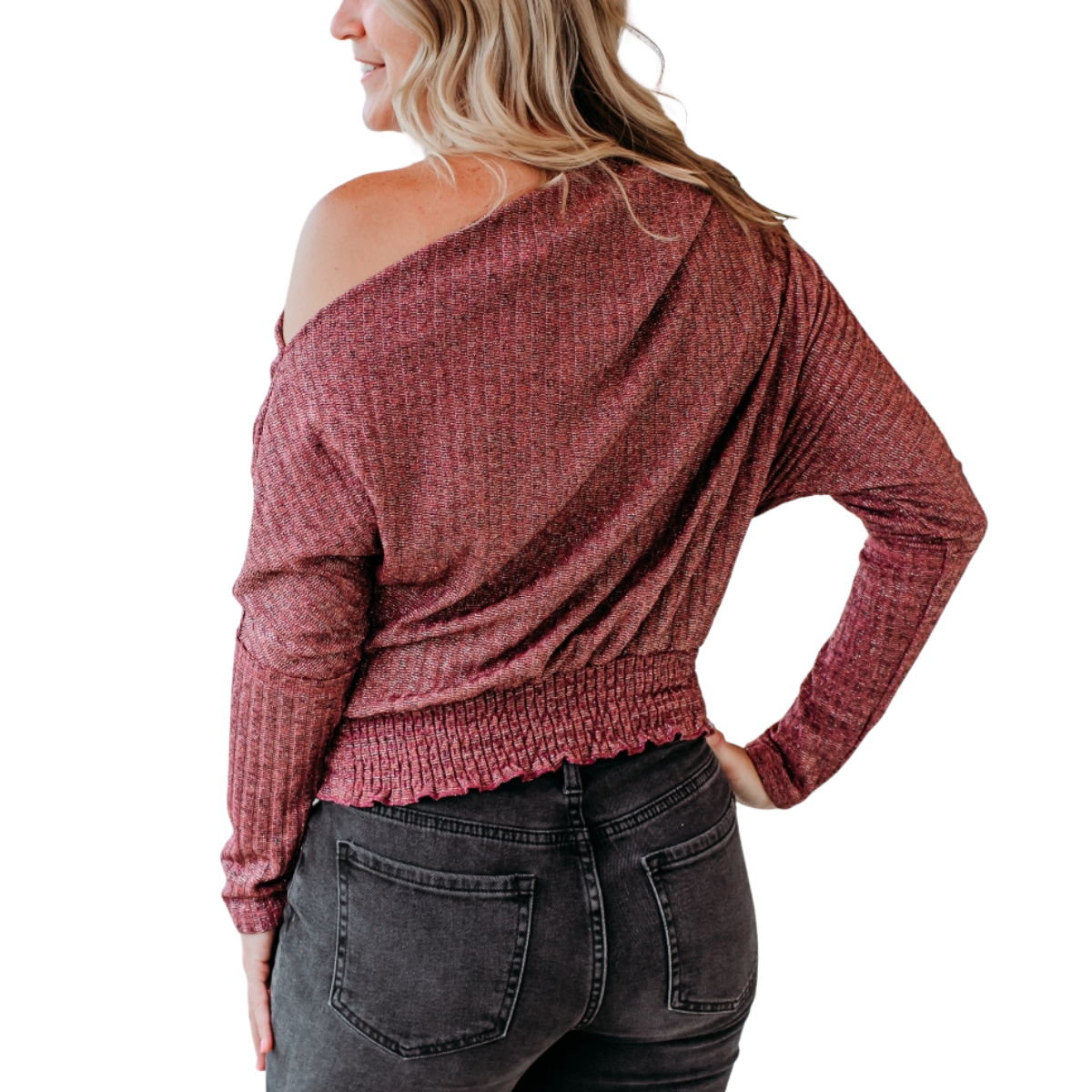 back view of mauve shimmer off-the-shoulder top with smocked waistband