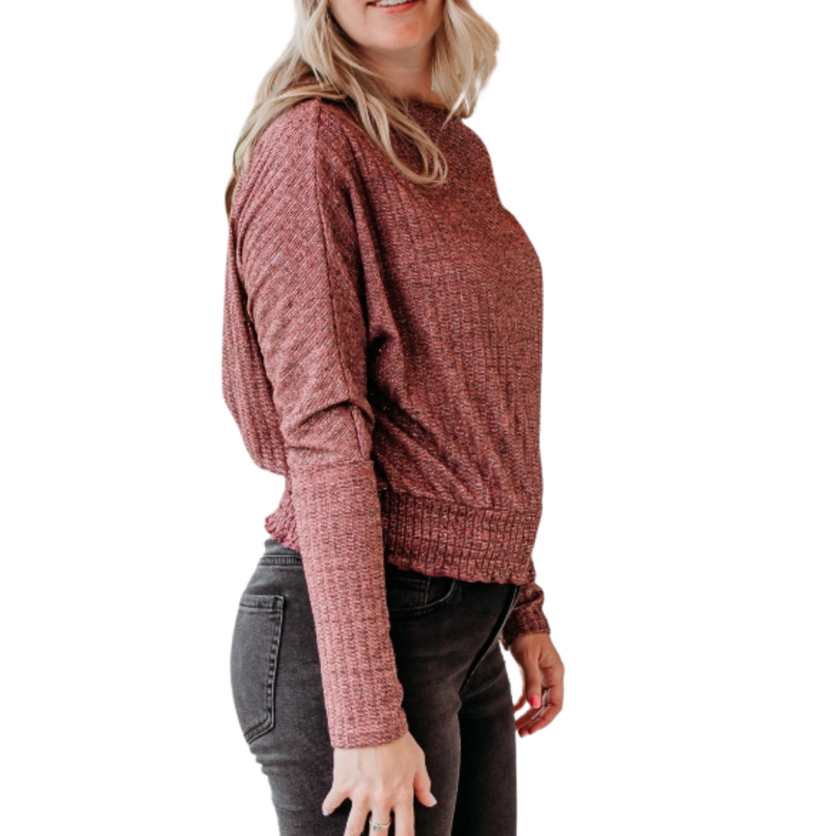 woman wearing mauve shimmer off-the-shoulder top with long sleeves