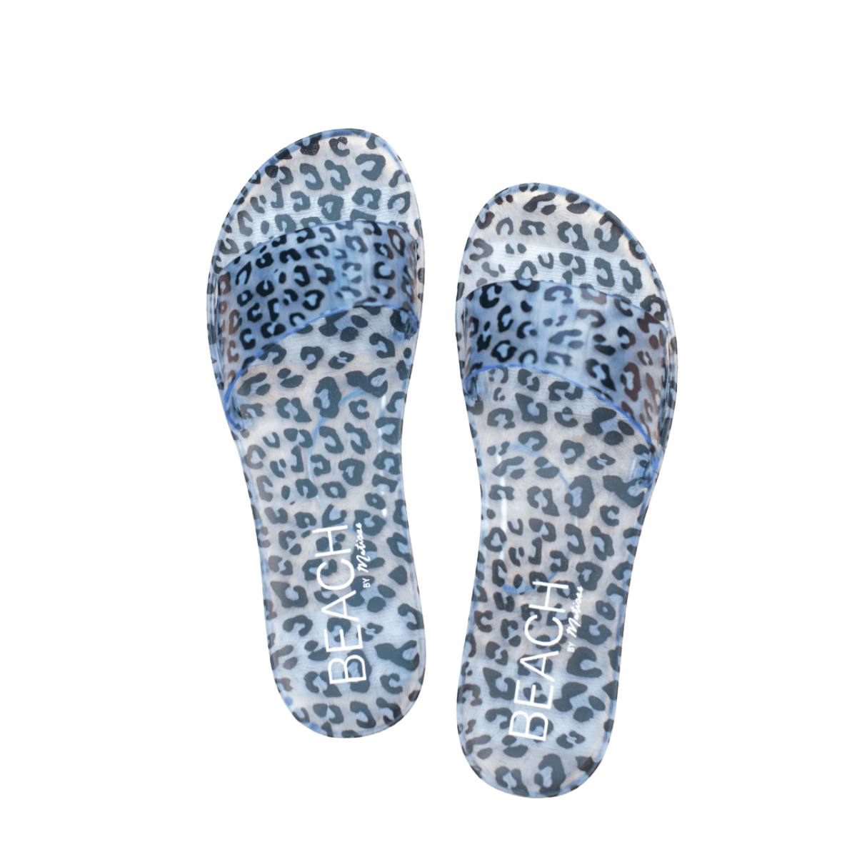 Pair of clear leopard print flip-flops on a white background
